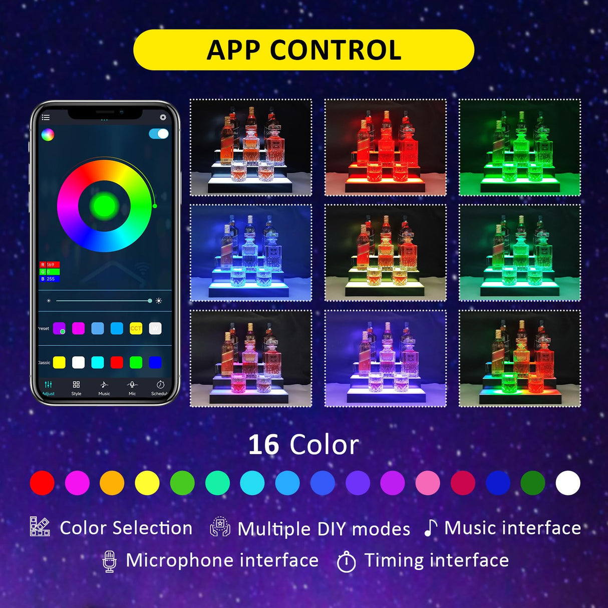 VONCI 16 Inch 3 Step LED Lighted Liquor Bottle Display Shelf, Bar Bottle Display Shelf with Remote Control and App Control for Home Commercial Bar Party VONCI