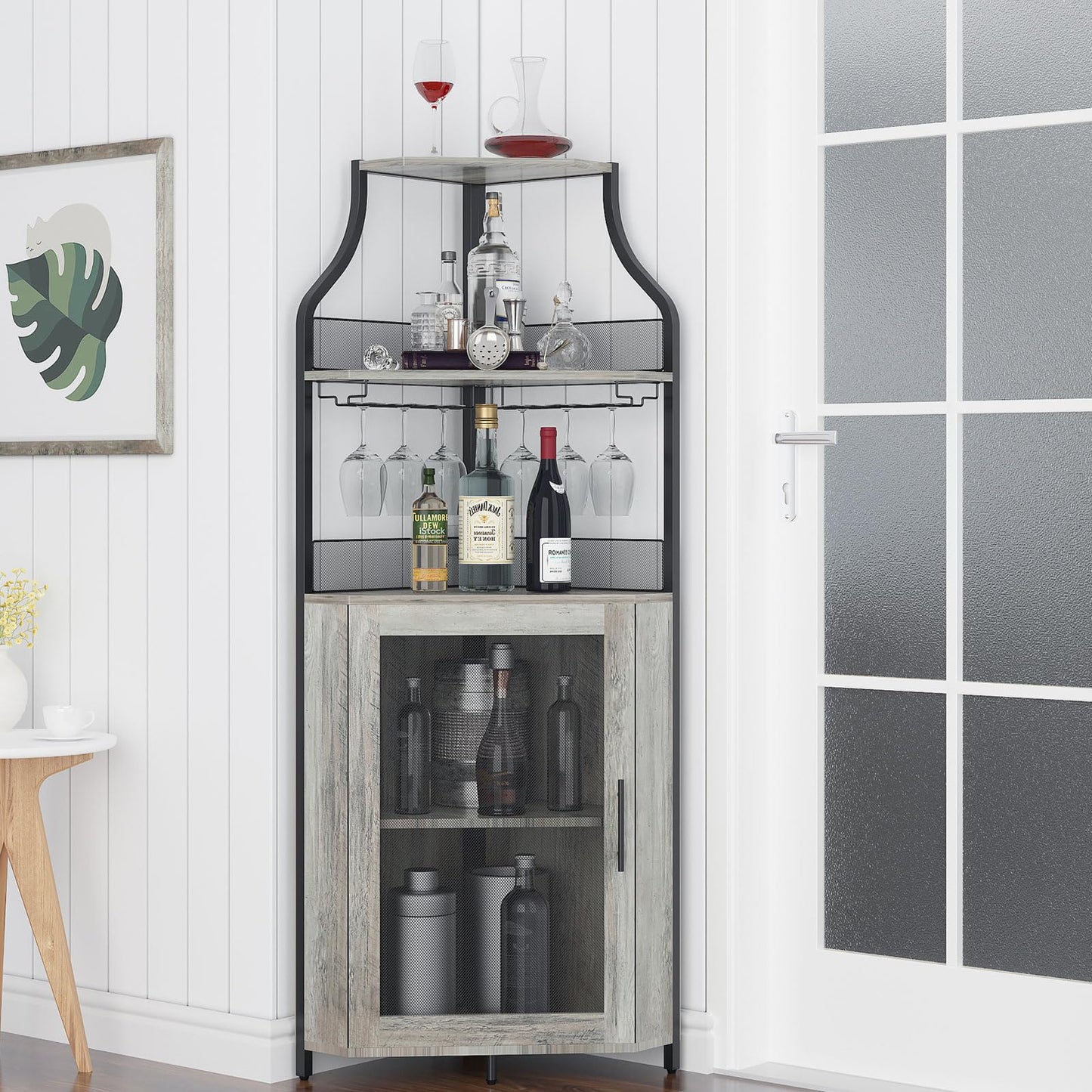 IDEALHOUSE Corner Wine Bar Cabinet with Large Storage Space and Detachable Wine Rack, Bar Cabinet with Glass Holder and Mesh Door, 4-Tier Liquor Cabinet Bar, Grey - WoodArtSupply