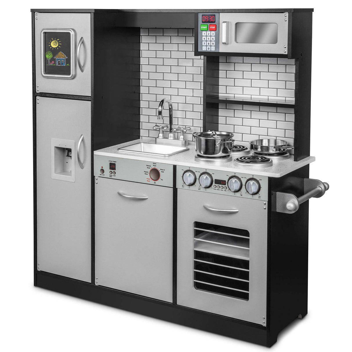 Lil' Jumbl Kids Kitchen Set, Pretend Wooden Play Kitchen, Battery Operated Icemaker & Microwave with Realistic Sound, Pots & Pan Included - Charcoal Lil' Jumbl