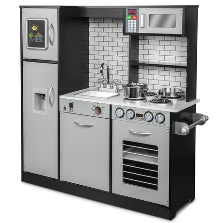 Lil' Jumbl Kids Kitchen Set, Pretend Wooden Play Kitchen, Battery Operated Icemaker & Microwave with Realistic Sound, Pots & Pan Included - Charcoal Lil' Jumbl