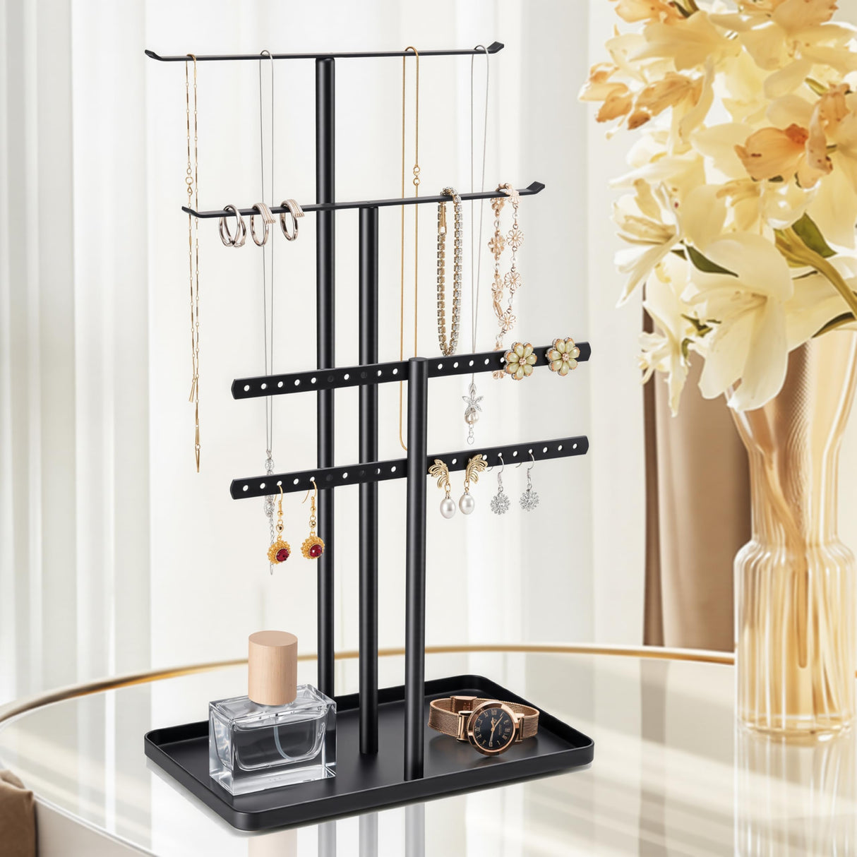 pickpiff Jewelry Stand Organizer, 14.5" Tall Sturdy Metal, 3-Tier Jewelry Holder for Necklace, Earring, Bracelet, Ring, Hanger for Display and Storage, Aesthetic Room Decor, Black pickpiff
