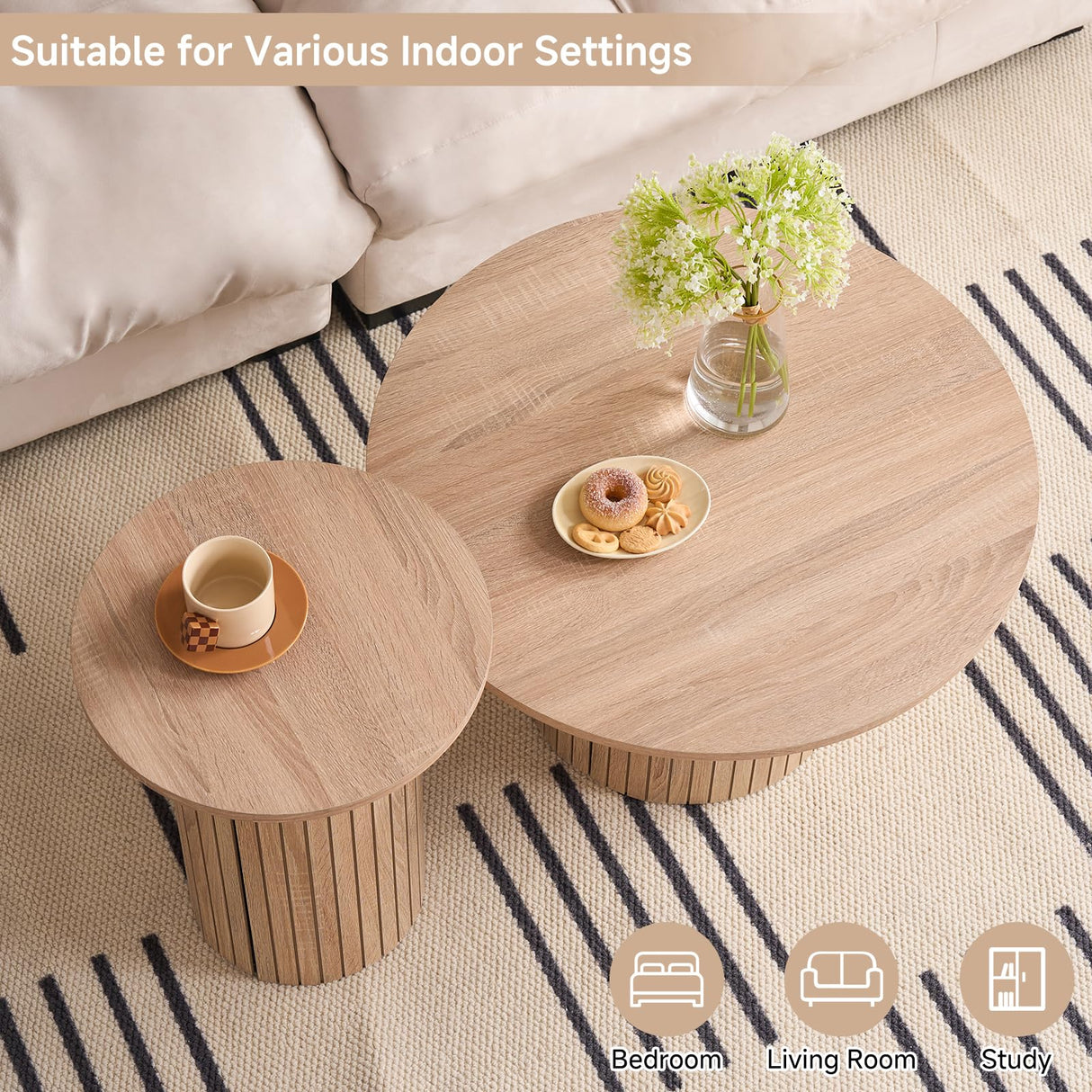 Valivestia Round Nesting Coffee Tables Set of 2, Mid Century Modern Small End Table with Fluted Style Drum Side Tables, Wood Slat Side Table Set for Living Room Bedroom Balcony Office Valivestia