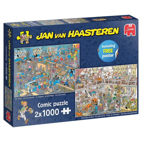 Jan Van Haasteren DIY Shop & Renovation Project - 2 x 1000 Piece Adults Puzzle & Comic Puzzle - Set of 2 Large Jigsaw Puzzle for Adults - 100% Recycled Cardboard 1000Pc Jigsaw & Poster - 68 x 49cm Jumbo