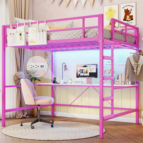 DICTAC Loft Bed Full Size with Desk and Led Lights Metal Full Loft Bed with Power Outlet Full Size Bed Frame with Top Bunk and Safety Guard & Ladder, Space-Saving,No Noise,No Box Spring Needed, Pink DICTAC