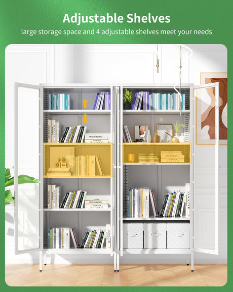 Bonusall Display Cabinet with Glass Doors,67” Metal Display Curio Cabinet with Glass Doors and 4 Adjustable Shelves for Collectibles,Home Office,Living Room,Gaming Room(White) Bonusall