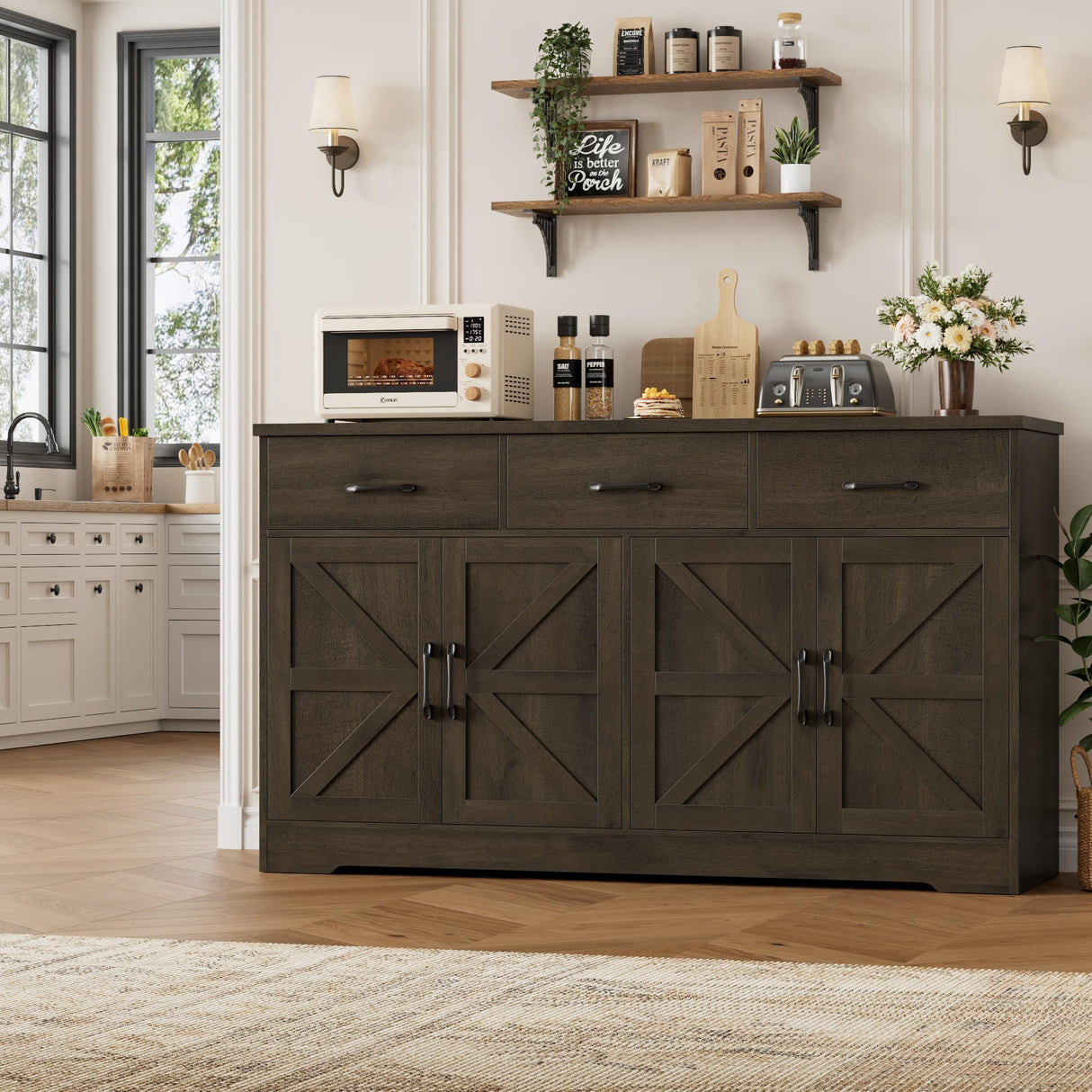 HOSTACK 59" Large Buffet Cabinet with Storage, Farmhouse Sideboard Buffet Cabinet with 3 Drawers, Wood Kitchen Coffee Bar with Doors and Shelves, Long Sideboard Table for Dining Room, Dark Brown HOSTACK