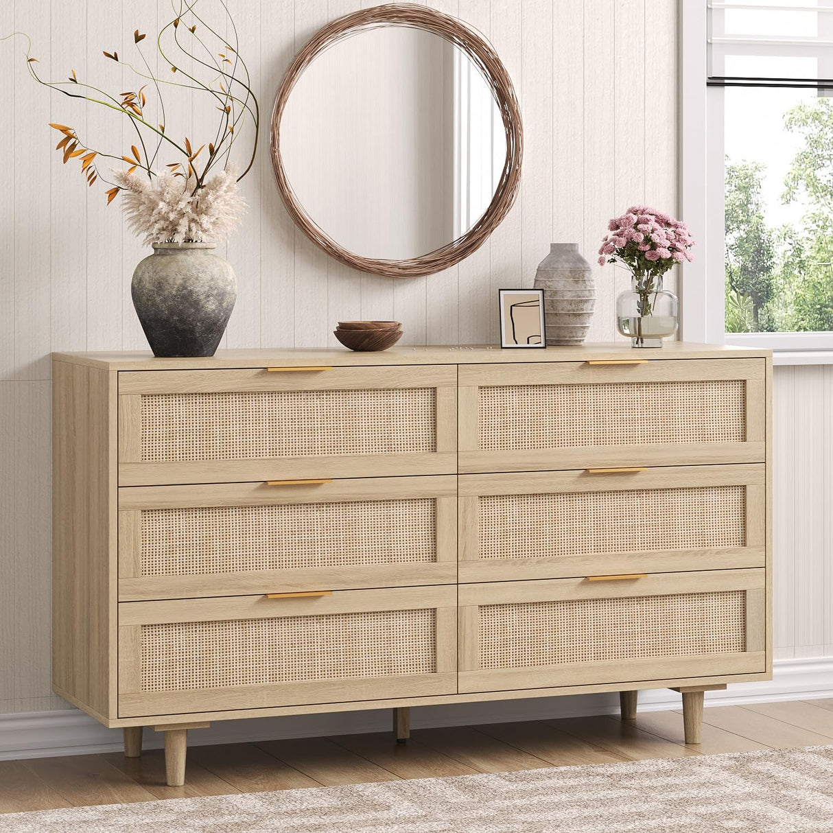 Angel Sar Rattan Dresser for Bedroom, 6 Drawer Wide Dresser, Boho&Farmhouse Chest of Drawers, 51" Clothes Storage Cabinet, Metal Handle&Wood Legs for Hallway, Living Room, Bedroom, Wood Angel Sar