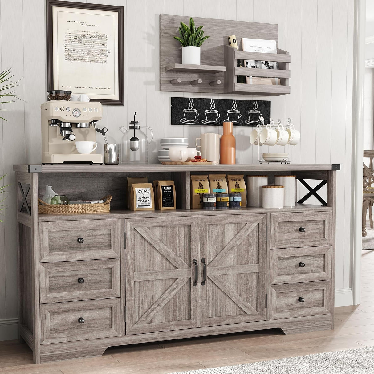 Maupvit 59" Buffet Cabinet with Storage, Farmhouse Sideboard Cabinet with 6 Drawers and Open Shelves, Adjustable Shelf, Large Coffee Bar Station Table for Kitchen, Dining, Living Room, Grey Maupvit