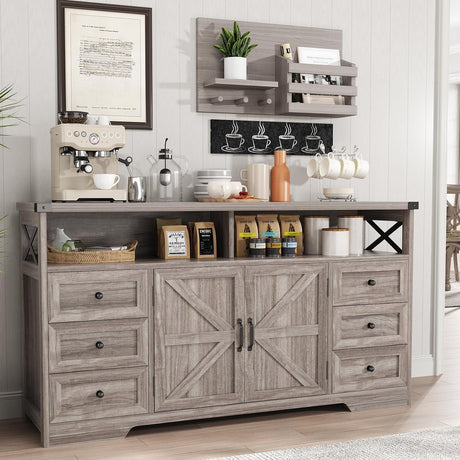 Maupvit 59" Buffet Cabinet with Storage, Farmhouse Sideboard Cabinet with 6 Drawers and Open Shelves, Adjustable Shelf, Large Coffee Bar Station Table for Kitchen, Dining, Living Room, Grey Maupvit