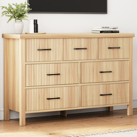 Jocoevol Fluted 7 Drawers Dresser for Bedroom, Boho Chest of Drawers with Metal Handle, Wood Dresser TV Stand, Wooden Closet Clothes Storage Organizer for Living Room, Hallway (Natural Oak) Jocoevol