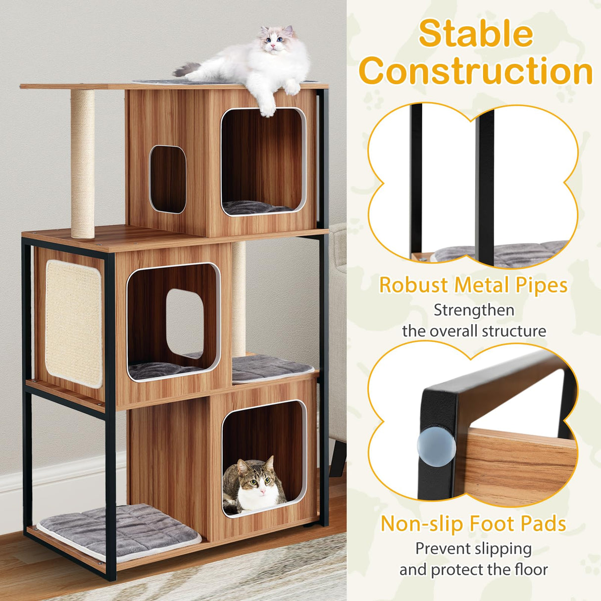 PETSITE 52 Inch Wood Cat Tree for Indoor Cats, Multi-Level Solid Metal Framed Wooden Cat Tower with Sisal Scratching Posts and Pad, 3 Condos, and Top Platform with Cat Hole PETSITE