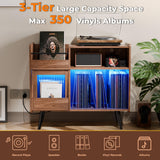 Large Record Player Stand,Turntable Stand Shelf with with Power Outlet and LED Light,Vinyl Record Storage Cabinet Up to 350 Albums, Wood Record Player Holder Table for Living Room,Office Loomie