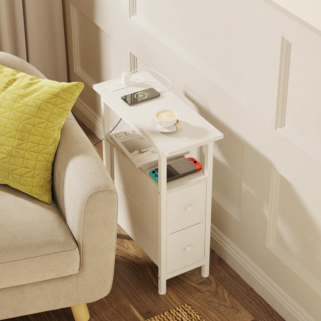 TRIFEBLE End Table with Charging Station, Narrow Side Table with 2 Fabric Drawers, Skinny Nightstand with LED Light, Slim Bedside Table for Bedroom, Living Room, Small Spaces, White TRIFEBLE