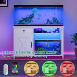 4ever2buy 55-75 Gallon Aquarium Stand with Power Outlets & LED Light, Metal Frame Fish Tank Stand with Drawer & Barn Door, Turtle Reptile Terrariums Stand with Fish Tank Accessories Storage (White) 4ever2buy