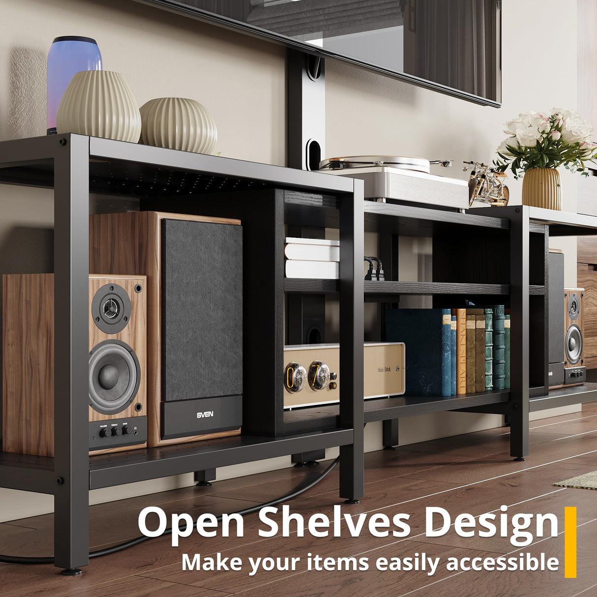 IRONCK 79 Inch TV Stand for TVs up to 85 Inch with Mount and Power Outlet, 3 Tiers TV Console with Storage Shelves, Entertainment Center, Steel Frame, for Living Room, Bedroom, Black IRONCK