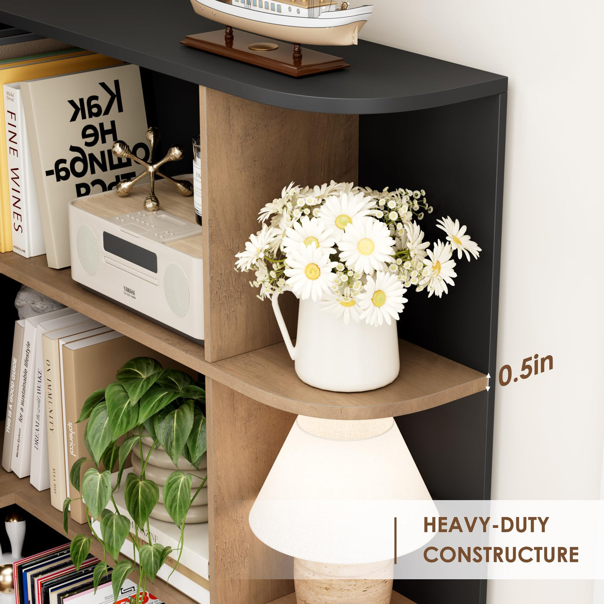 FOTOSOK 74” Tall Corner Bookshelf, 6-Tier Bookshelf and Bookcase with Open Storage, Tall Bookcases Wooden Storage Shelves for Home Office, Thickened Boards for Better Load Bearing, Black/Brown FOTOSOK