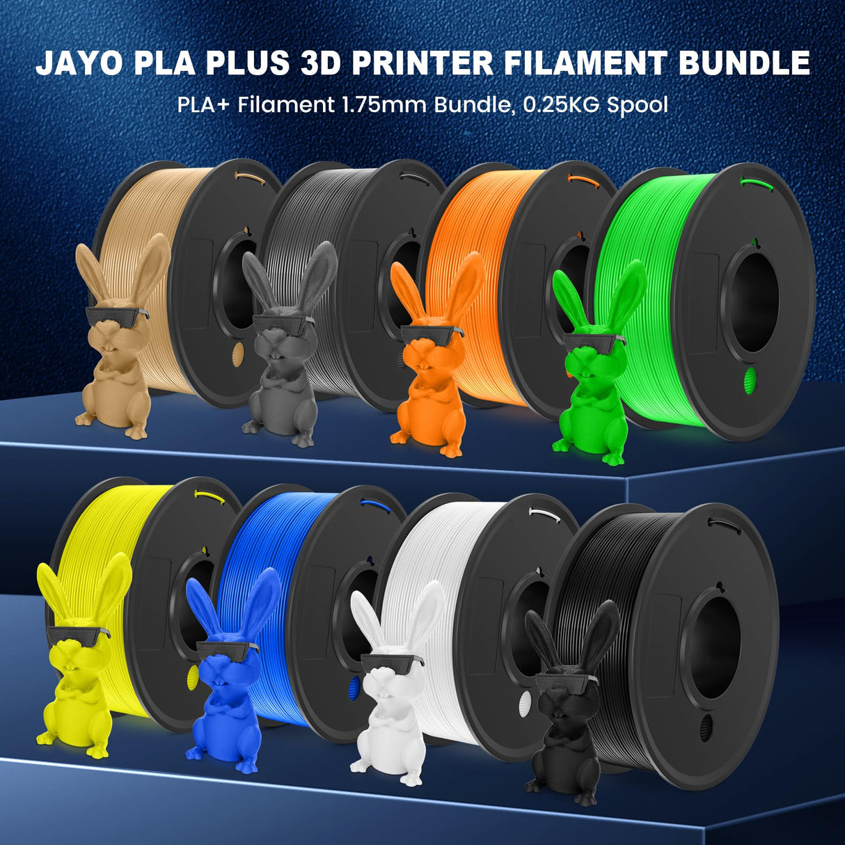 JAYO PLA+ Filament Bundle 1.75mm, 3D Printer Filament Bundle Multicolor, Individually Vacuum Packed, 250g Spool, 8 Pack, 2KG in Total, Black+White+Grey+Blue+Green+Orange+Yellow+Burlywood Color JAYO