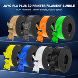 JAYO PLA+ Filament Bundle 1.75mm, 3D Printer Filament Bundle Multicolor, Individually Vacuum Packed, 250g Spool, 8 Pack, 2KG in Total, Black+White+Grey+Blue+Green+Orange+Yellow+Burlywood Color JAYO