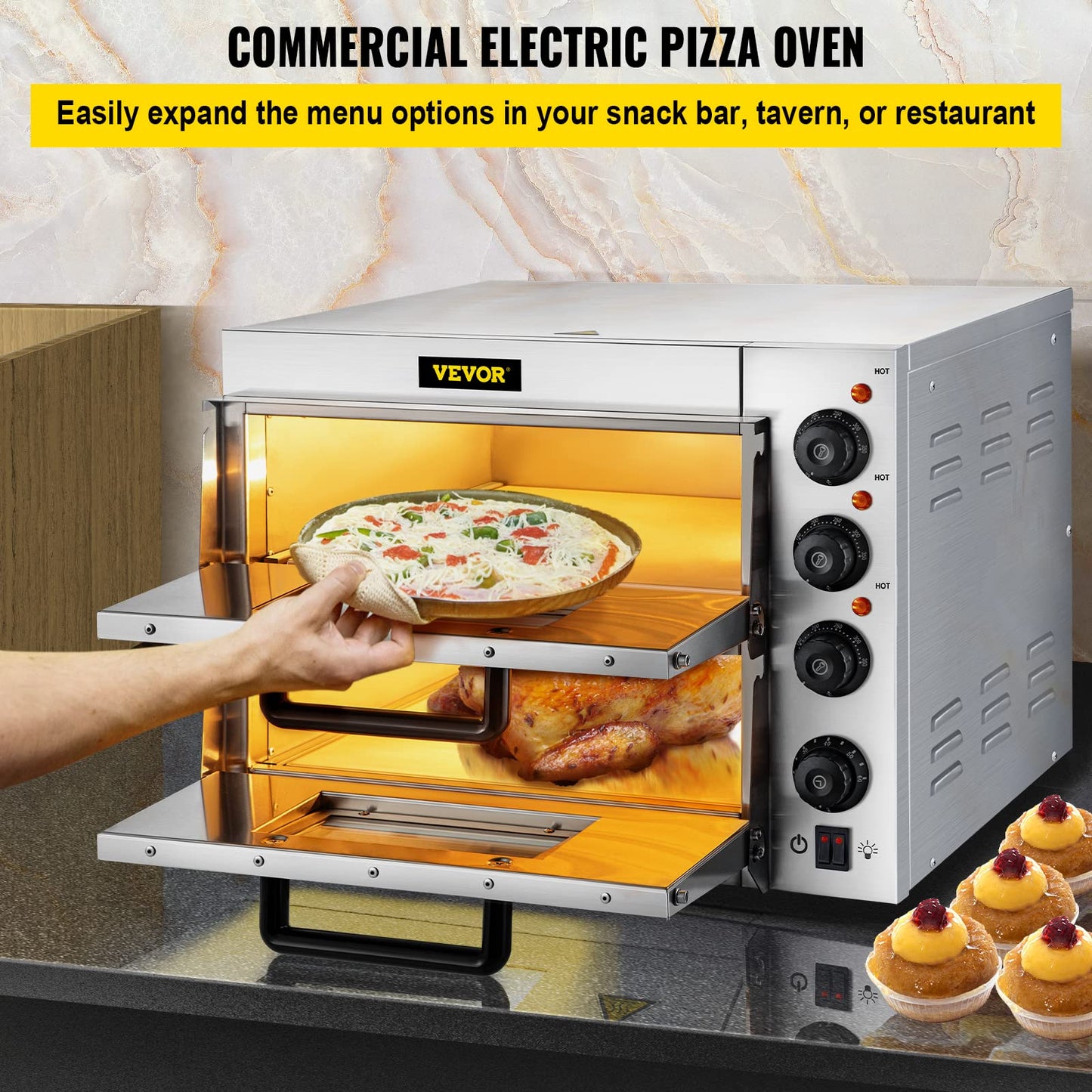 Commercial Pizza Oven Countertop 14" Double Deck Layer 110V 1800W Stainless Steel, Silver