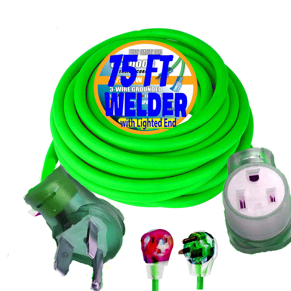 pizety Welder Extension Cord 75 ft 10,000 Watts Nema 250-Volt Welder Extension Cord 8 Gauge Lighted end 8/3 Welder Extension Cord 30 amp Plug ETL Approved (75) pizety