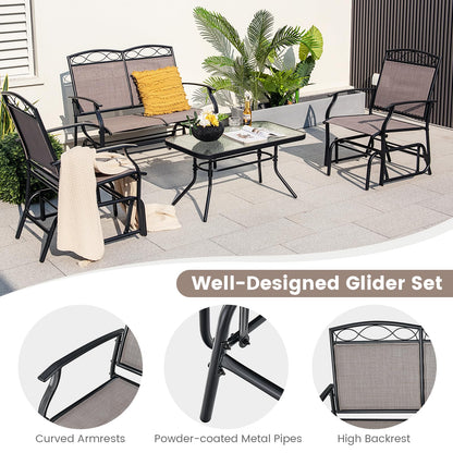 Tangkula 4 Pcs Patio Glider Set, Outdoor Gliding Loveseat w/Tempered Glass Coffee Table, Heavy-Duty Patio Furniture Set for Backyard, Porch, Poolside (4 PCS Patio Glider Set) - WoodArtSupply