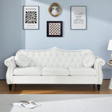 AVZEAR 82" Three Seater Sofa, Chesterfield Sofa, Mid-Century Modern Velvet Upholstered Sofa, Deep Button Tufted Living Room Sofa with Two Throw Pillows, White AVZEAR