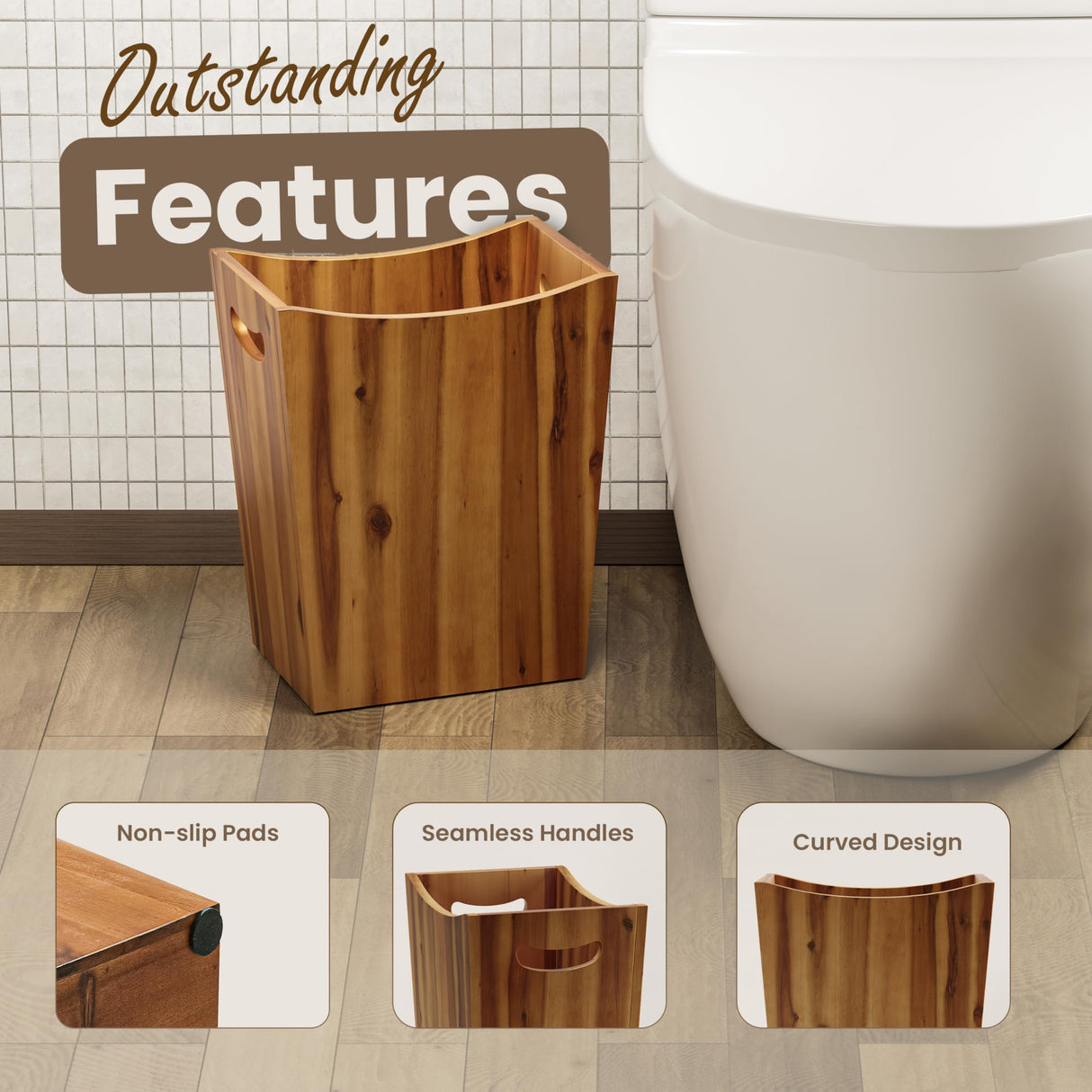 Tidita 2 Gallons Wastebaskets- Wooden Waste Basket with Handles -Small Trash Can for Bedroom, Spa Bathroom Decor, Kitchen, Living Room, Office - Trash Bin for Under Sink, Garbage Can (Acacia Wood) Tidita