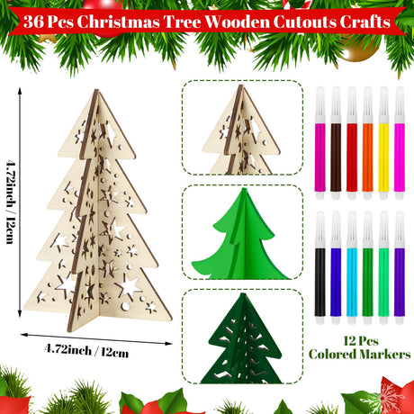 Blosssound 48 Pcs Christmas Craft Set 36 Wood Tree Crafts 3D Christmas Tree Cutouts with 12 Colored Markers Wooden Unfinished Slices to Paint for Xmas Winter DIY Handmade Tiered Tray Decor Blosssound