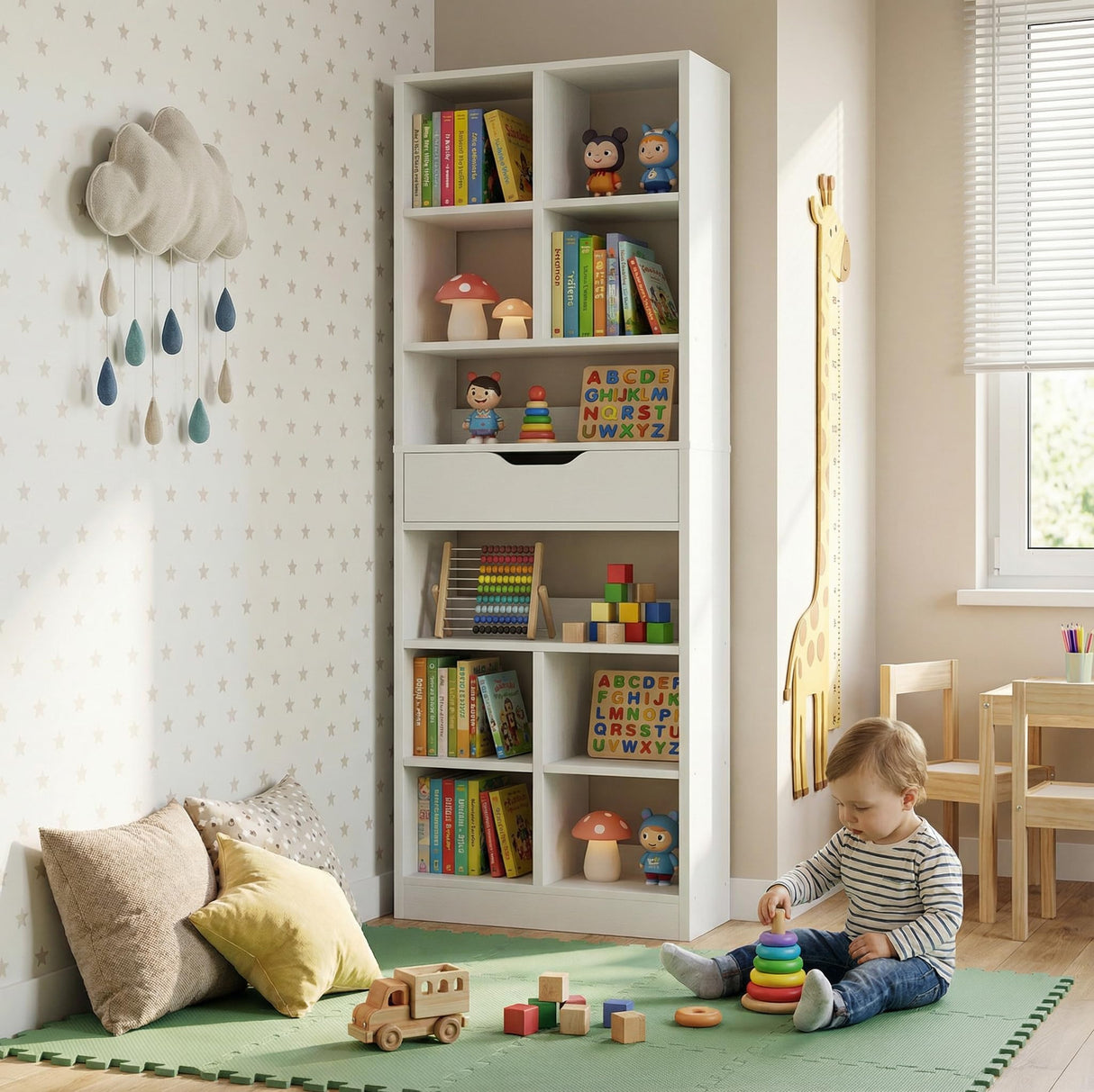 Armocity 8-Tier Book Shelf with Drawer, 73.6" Tall Bookcase and Bookshelf Modern Freestanding Open Display Shelves for Living Room Home Office, Bedroom, White Armocity