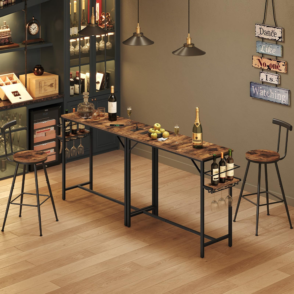 MAHANCRIS Bar Table, 35.4-Inch Counter Height Pub Table with Charging Station, Rectangular Dining Table with Wine Rack and Glass Holder, High Top Cocktail Tables, for Kitchen, Rustic Brown BTHR90E01 MAHANCRIS