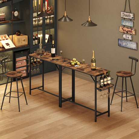 MAHANCRIS Bar Table, 35.4-Inch Counter Height Pub Table with Charging Station, Rectangular Dining Table with Wine Rack and Glass Holder, High Top Cocktail Tables, for Kitchen, Rustic Brown BTHR90E01 MAHANCRIS