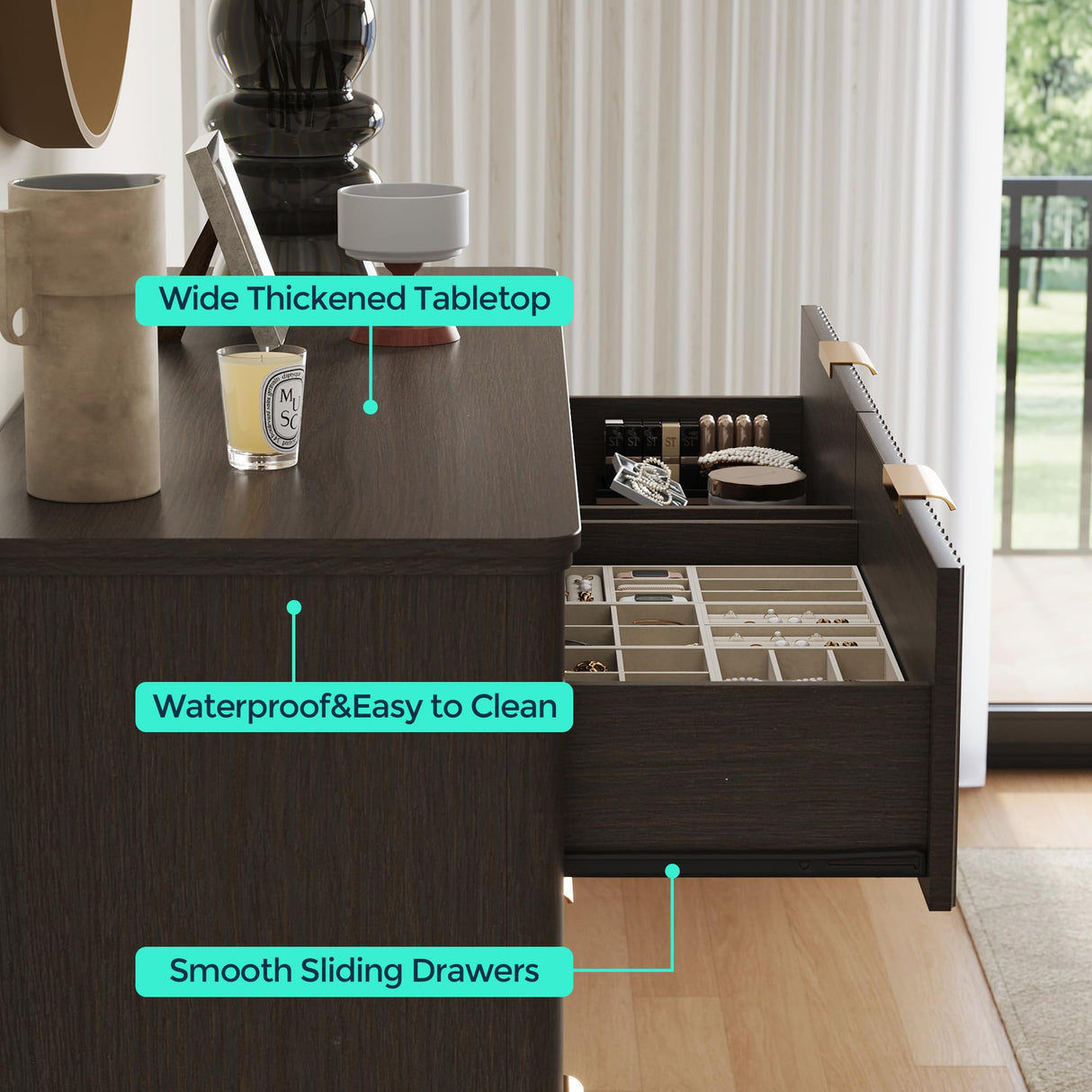 LINSY Fluted Dresser for Bedroom with 6 Drawers, Mid Century Modern Chest of Drawers with Gold Metal Handles, Wide Boho Wood Dressers, Large Farmhouse Storage Cabinet for Bedroom, Living Room, Walnut LINSY