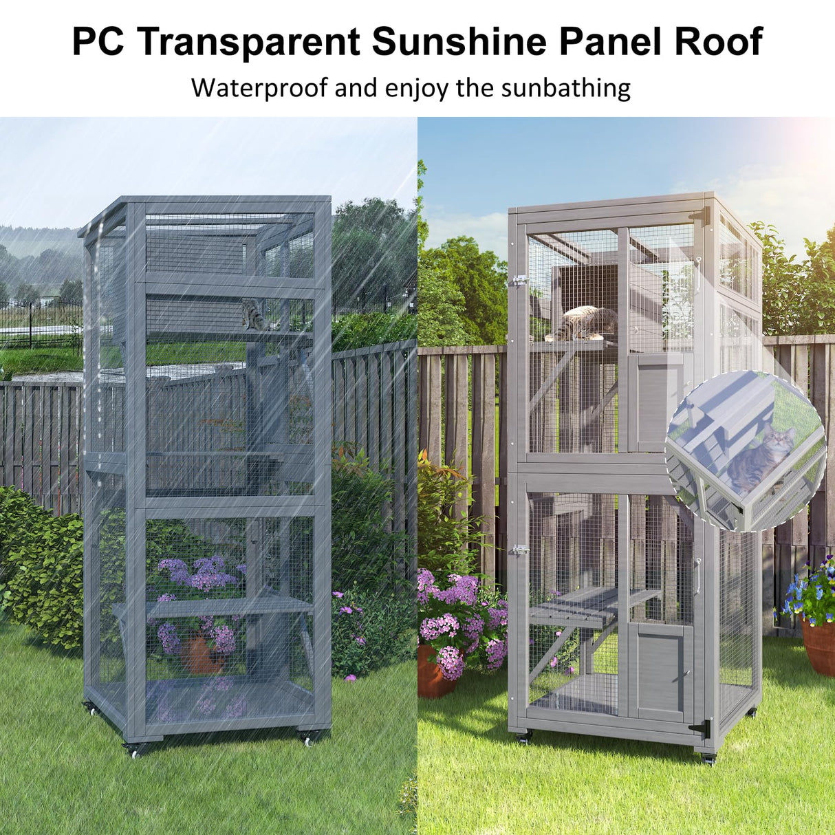 TIMHAKA Cat Catio Outdoor Cat Enclosure, 4 Tiers Cat Playen Catio with Wheels, Resting Box, Sunshine Panel Waterproof Roof, Large Cat House Cage with Removable Wood Bottom and Easy Clean PVC Layer TIMHAKA