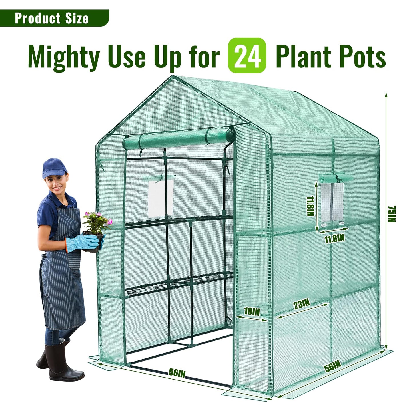 Greengro Greenhouse, 56 x 56 x 75'' Greenhouses for Outdoors, Durable Green House Kit with Window, Thicken PE Cover, 3 Tiers 8 Shelves, Heavy Duty Walk in Green Houses for Indoor Backyard Out - WoodArtSupply