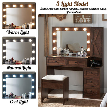 ACCOHOHO Farmhouse Vanity Desk with Mirror and Lights, 43" Wide Makeup Vanity with Glass Tabletop and Charging Station, Modern Vanity Table Set with Storage and Stool for Bedroom, Brown