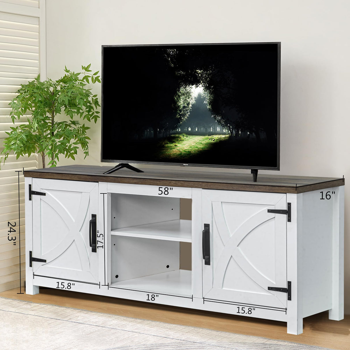 COMEFFIE Modern 58" TV Stand, Media Entertainment Center for TV up to 65 Inch, Console Table with Storage Cabinets for Living Room (White Without Fireplace) COMEFFIE