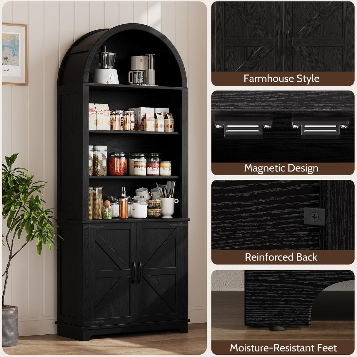 Vividwood 6-Tier Farmhouse Arched Bookshelf Bookcase with Doors, 70" Tall Storage Cabinet and Display Shelves, Open Shelves for Living Room or Office, Black Vividwood