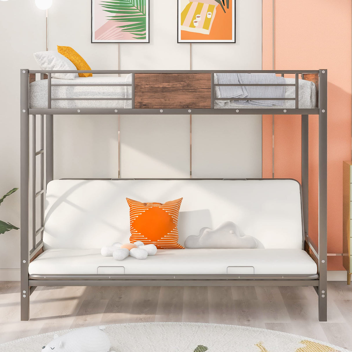 Twin-Over-Futon Bunk Bed, Metal Bunk Bed Frame Twin Over Twin Loft Bunk Bed Frame with Safety Guardrails & Ladder for Teens Adults, Bottom Full Size Bunk Bed Can be Converted into Futon/Seat (Gray) MWrouqfur
