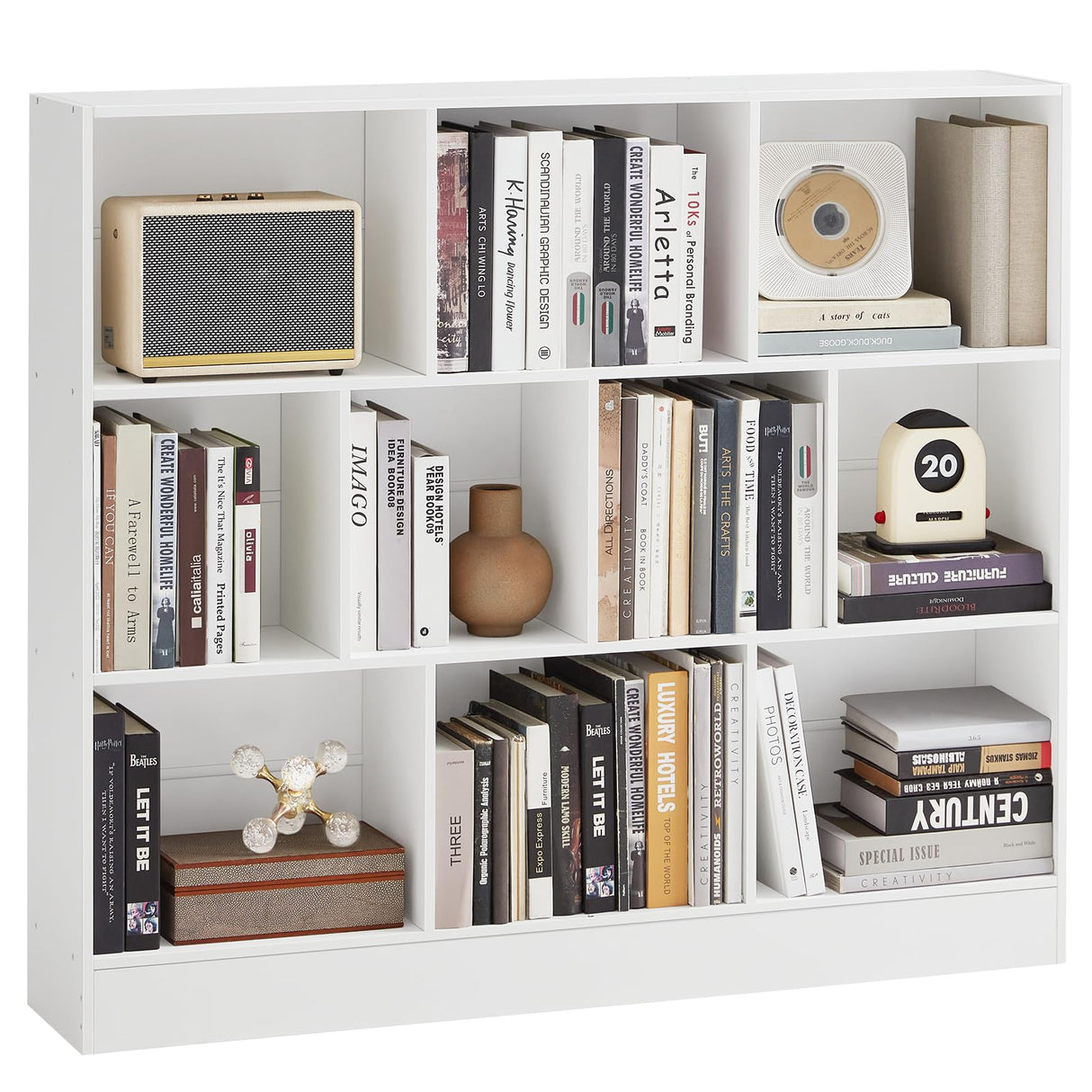 YAHARBO White 10 Cube Bookshelf,3 Tier Modern Horizontal Bookcase,Wooden Low Book Shelf Display Storage Cabinet with Base,Floor Standing Short Bookshelves Open Organizer for Bedroom,Living Room,Office YAHARBO