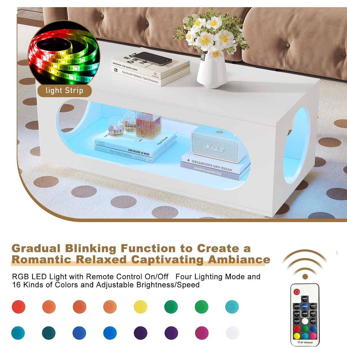 HedoAjim 43" White Led Coffee Table for Living Room, Modern Living Room Table Rectangular Contemporary Center Table with Storage, Wooden Coffee Tables with LED Lights for Dining Reception Room HedoAjim