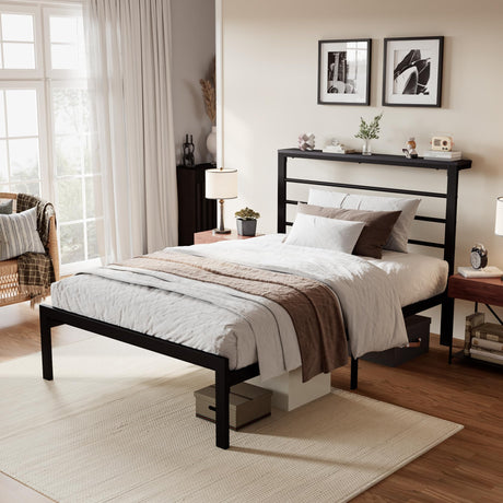 SHA CERLIN Heavy Duty Twin Bed Frame with Practical Headboard Shelf and Strong Metal Support SHA CERLIN