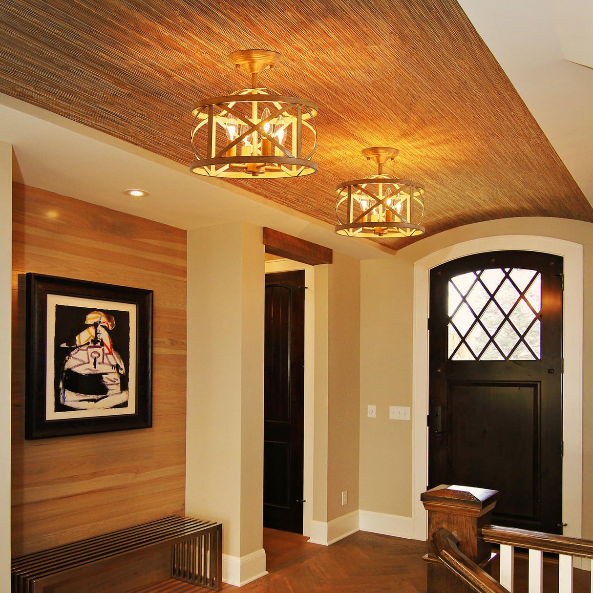 Semi Flush Mount Ceiling Light Fixture Vintage Ceiling Light Farmhouse Ceiling Light Metal Cage Ceiling Lamp for Kitchen Dining Room Hallwa Bedroom Living Room (Beige) LOOYD