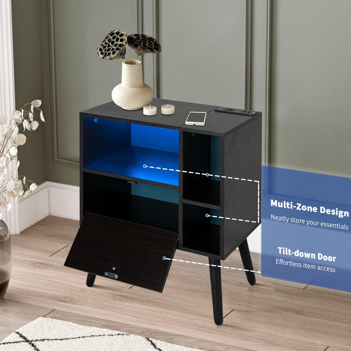 VIWODS Nightstand with Charging Station and LED Lights, Bedside Table with Solid Wood Legs for Bedroom, Black Oak and Blue VIWODS