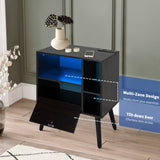 VIWODS Nightstand with Charging Station and LED Lights, Bedside Table with Solid Wood Legs for Bedroom, Black Oak and Blue VIWODS