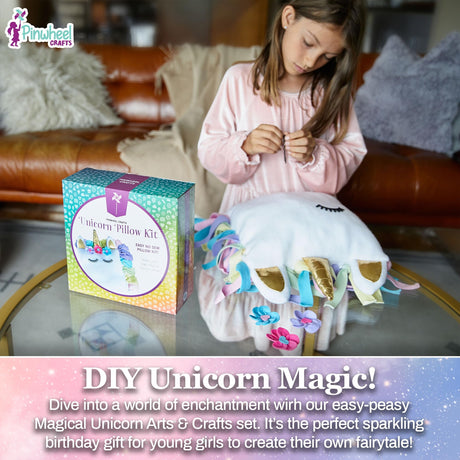 Pinwheel Crafts Unicorn Pillow Kit - DIY Arts and Crafts for Kids Ages 6 7 8-12+ Years, No Sewing Kit for Kids, Unicorn White Pillow Craft Kits for Birthday, Christmas Gifts for Girls Pinwheel Crafts
