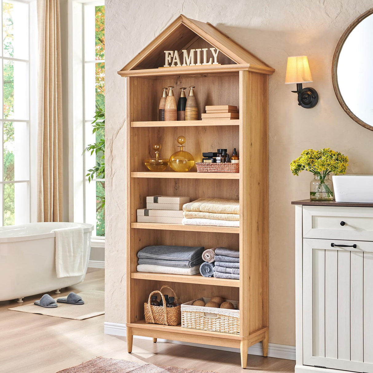 75.9" Tall Farmhouse Bookcase, Angle Arched 5 Tiers Large Bookshelf with Adjustable Shelves, Modern Wooden Geometric Book Shelf w/Storage and Open Display Shelves for Living Room, Office-Natural IFGET