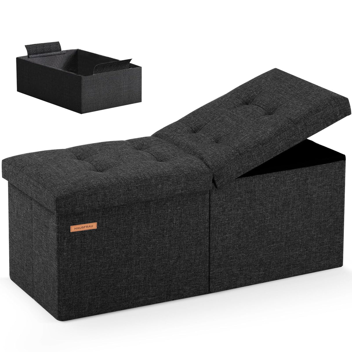 HAUSFRAU 31.5 Inches Ottoman with Storage, Folding Ottoman Bench Small Foot Rest Stool, Bedroom Bench with Flipping Lid, Linen Black HAUSFRAU
