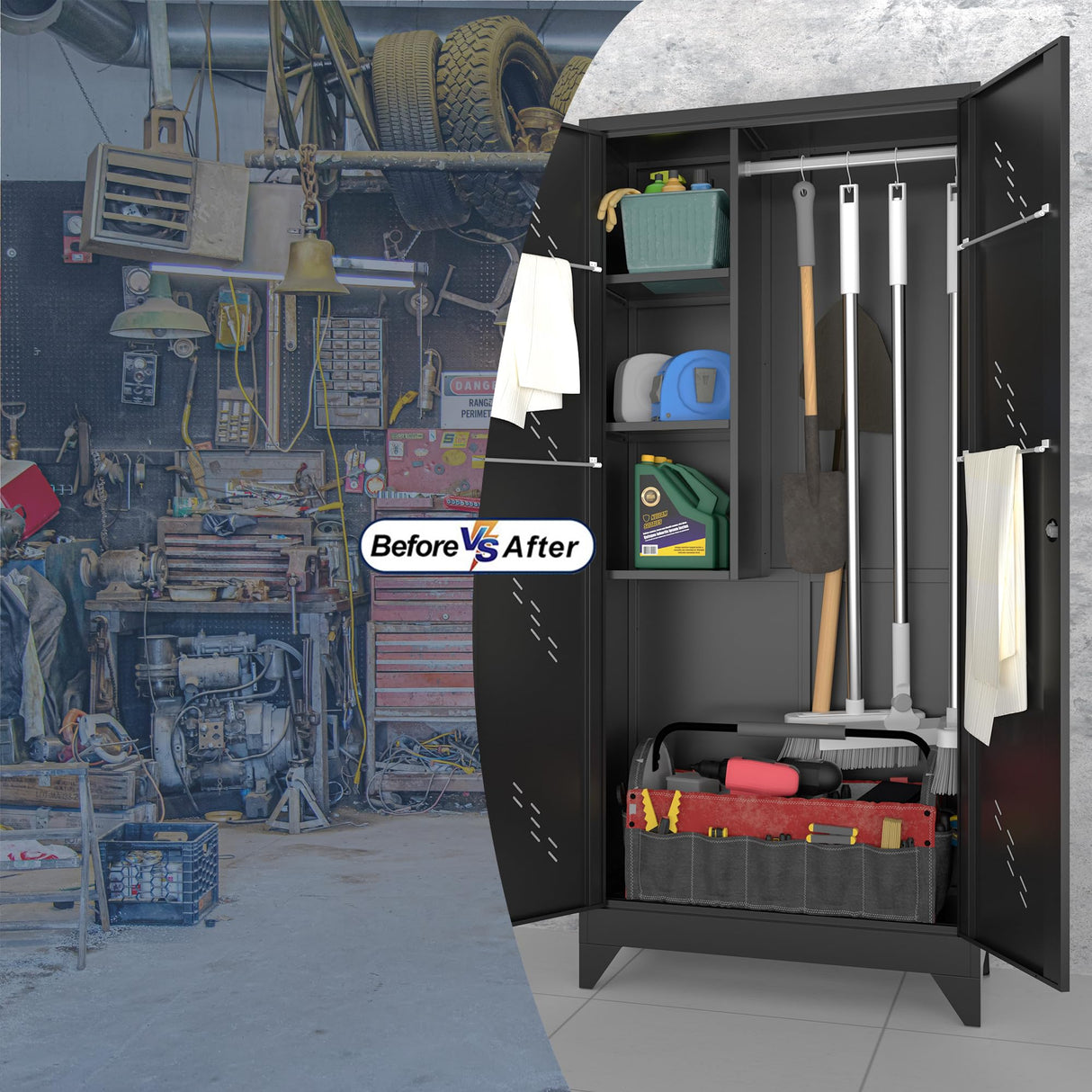 OSEILLC Metal Storage Cabinet with Locking Doors, 75" Tall Garage Storage Cabinet with Hanging Rod, Broom Closet/Freestanding Bathroom Storage Cabinet, Cleaning Tool Storage OSEILLC