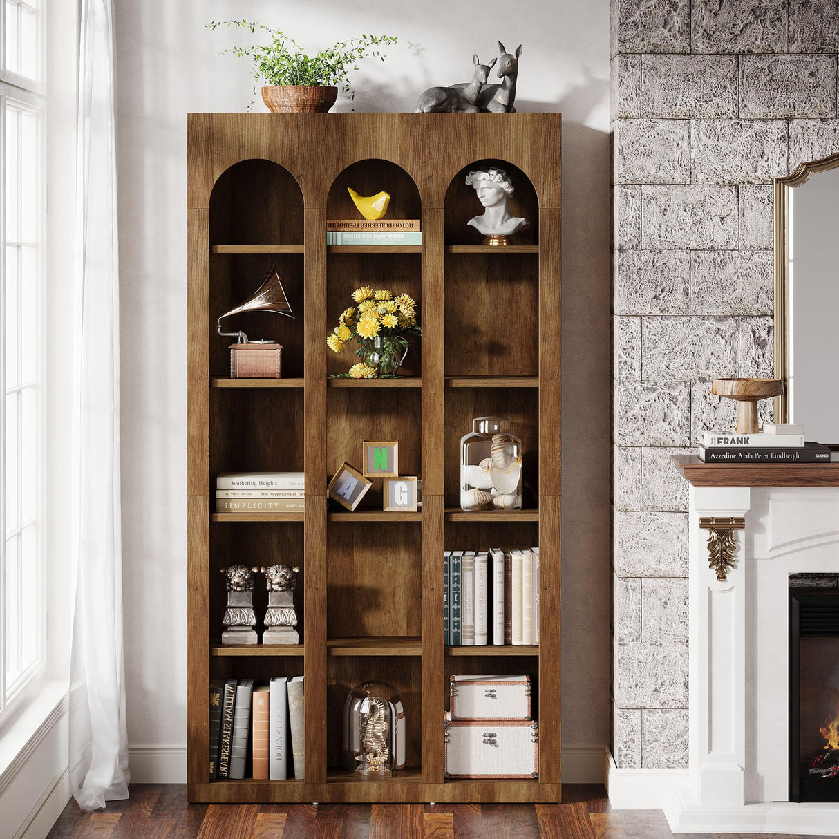 Tribesigns 5-Tier Farmhouse Arched Bookshelf, 70.87-Inch Mid Century Modern Bookcase with Open Shelves, Tall Book Shelf Vintage Display Storage Shelving Unit for Home Office, Walnut Brown, 2PCS Tribesigns