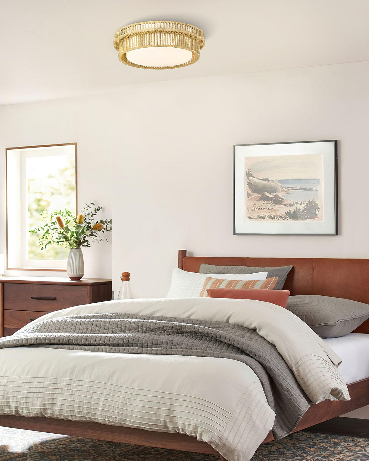 Boho Light Fixtures Ceiling 16W LED, HWH 13'' Woven Rattan Flush Mount Ceiling Light, Handwoven Twine Cage Light Fixtures Ceiling Mount 5CCT, 5HYS78F-LED HWH INVESTMENT